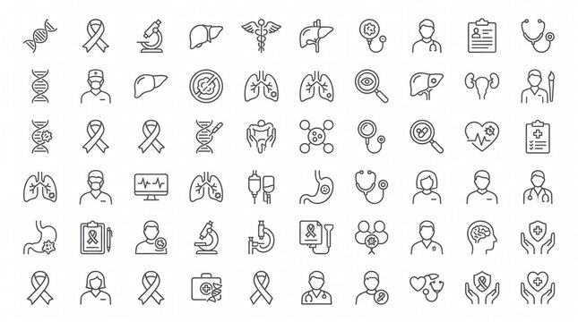 Medical line art icons set featuring healthcare symbols and professional doctor characters
