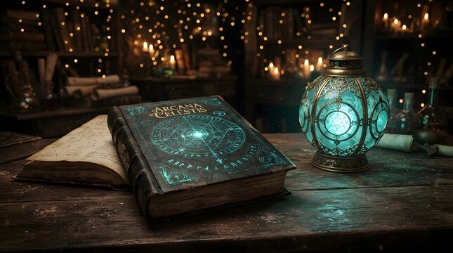 Ancient magical book and glowing lantern on wooden table