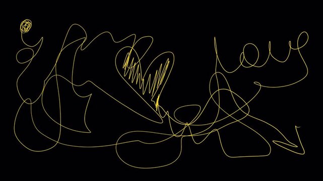 Yellow doodle drafts, lines and strokes on a black screen. Art effect for overlay in 4K with alpha channel. Stock video with sketches.