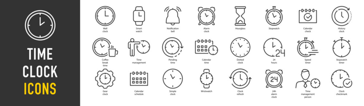 Time vector icons. Clock watch schedule vector signs set. Deadline timer icon. Line art icon