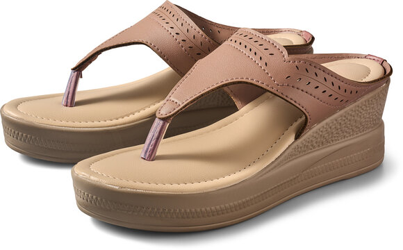 pair of beige women wedge sandals isolated white background, synthetic leather straps with cut pattern and textured thick sole, comfortable summer footwear