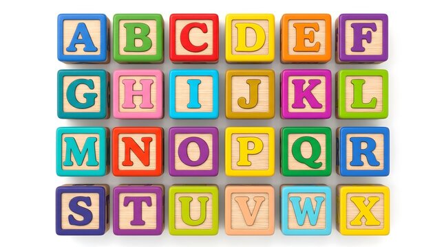 Colorful wooden alphabet blocks arranged in a neat grid pattern showing letters from A to X for early childhood education