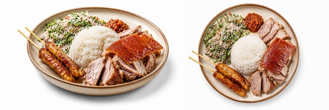 Balinese Nasi Campur Babi Guling Roast Pork with Rice, Sate Lilit and Lawar Salad, Top and Angled Views