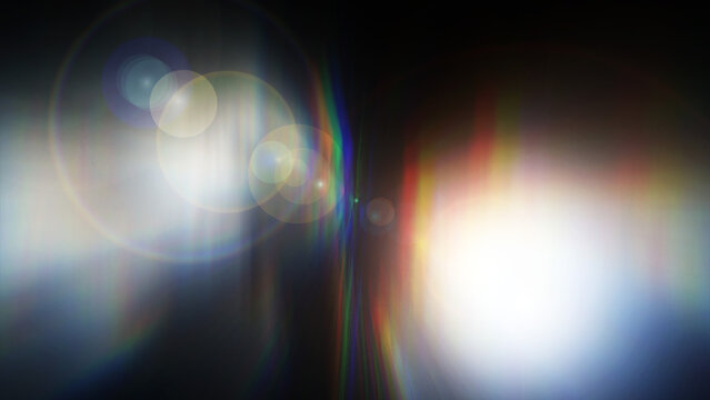Abstract light leak overlay with lens flare and colorful prism glow on black background