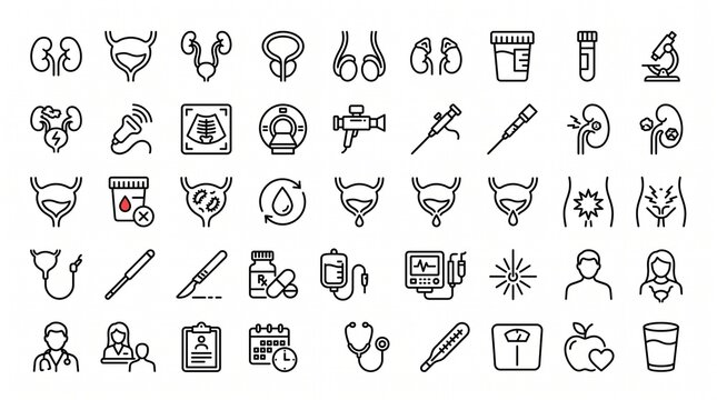 Urology and Nephrology Medical Line Icons Set for Healthcare and Clinical Diagnostics