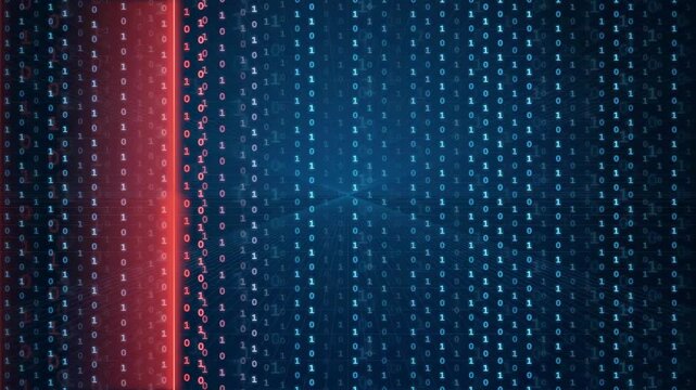 Digital binary code background with scrolling blue data and red glowing light streaks