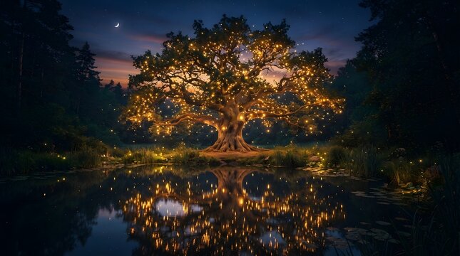 Majestic glowing oak tree by a calm pond