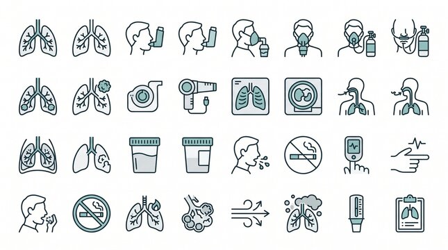 Set of medical respiratory health icons for lung disease, asthma treatment and diagnostics.