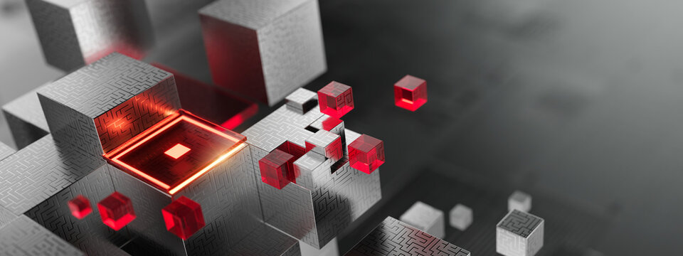 Abstract geometric blocks, AI systems, business finance, digital infrastructure concept. 3D cube abstract geometric blocks- technology and blockchain network. 3d rendering