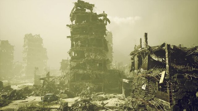 Green dawn over crumbling tower and rubble under murky sky, diffuse light casting sickly glow on twisted metal and pocked concrete, distant collapsed blocks