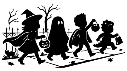 Fototapeta premium Silhouette vector illustration of children in Halloween costumes trick or treating at night