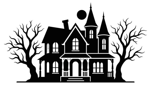 Spooky haunted house silhouette with bare trees and full moon dark night vector illustration Halloween spooky mansion