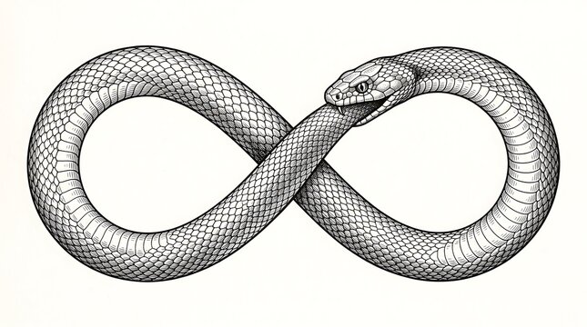 Ouroboros snake forming an infinity symbol rendered in intricate black and white line art style on a clean white background