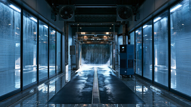 Automated car wash tunnel with water curtain, dehumidifier unit, mist suppression and wet tile floor drainage