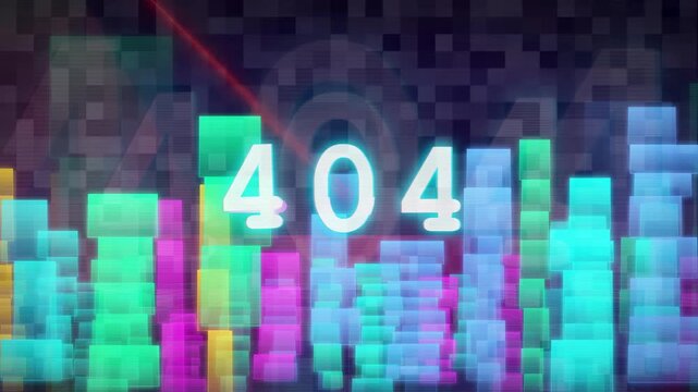 Abstract Digital 404 Error Page with Animated Neon Cubes and Glitchy Data Visualization Background