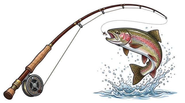 Rainbow trout leaping to catch a fly hook attached to an old wooden fly fishing rod against white background isolated