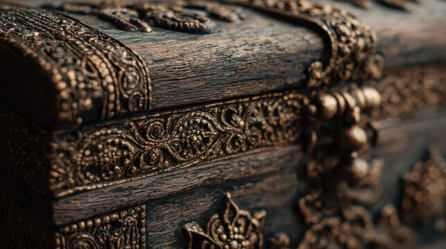 Ornate antique wooden treasure chest with intricate metal embellishments during soft studio lighting conceptualizing wealth