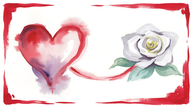 Watercolor heart connected to white rose with red border frame