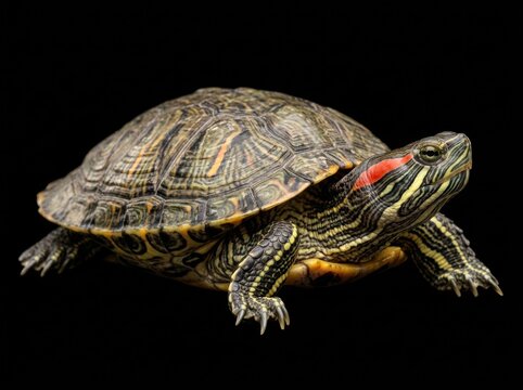 Redeared slider turtle trachemys scripta elegans isolated on a black background