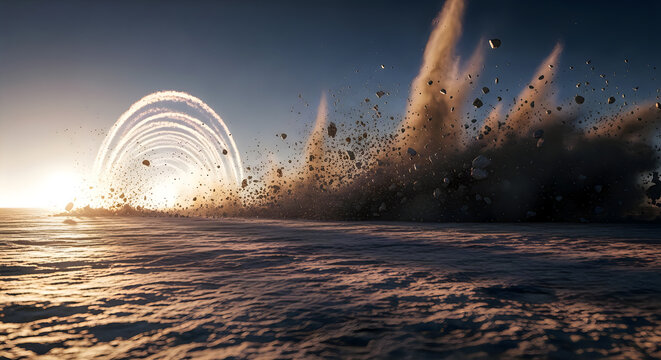 Explosion erupts with debris flying outward creating circular shockwave effect on dry cracked earth.