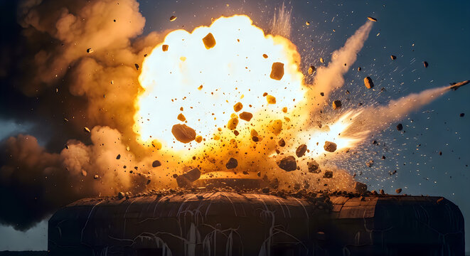 Explosion of bunker with fire and flying debris at night.