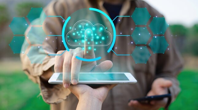 Person using biometric fingerprint scan for cloud computing access on smartphone, secure digital identity verification and mobile technology concept outdoors.