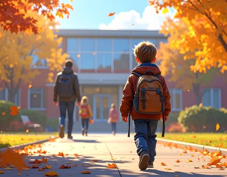 Happy Elementary School Child with New Backpack Walking Toward School Building on First Day of School in Autumn, Back to School Education and Childhood Concept