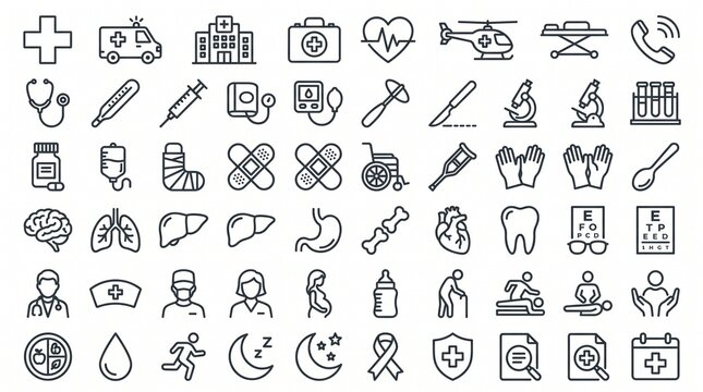 Medical vector icons set, healthcare line symbols for hospital and clinic design elements