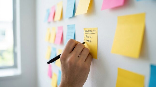 Person writing brainstorm ideas on a yellow sticky note attached to a white wall