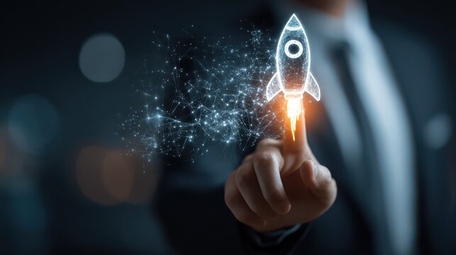 Businessman's finger activating digital rocket launch with glowing particles against dark background