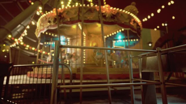 Closeup ride platform with warm bulbs, detailed paint chips and brass fittings, soft bokeh from distant fair lights, operator prepping bulbs and testing wiring