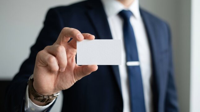 Businessman in suit holding a blank white business card for branding mockup