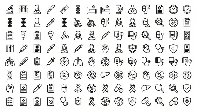 Flat medical healthcare icons set with stethoscope, syringe, and hospital symbols in blue and white
