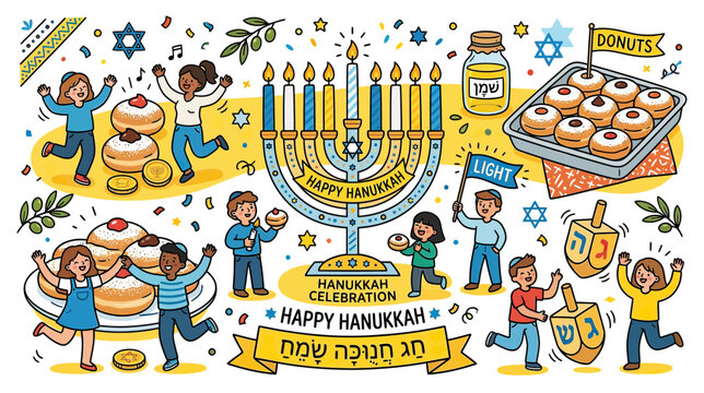 Happy Hanukkah Celebration with Menorah and Donuts