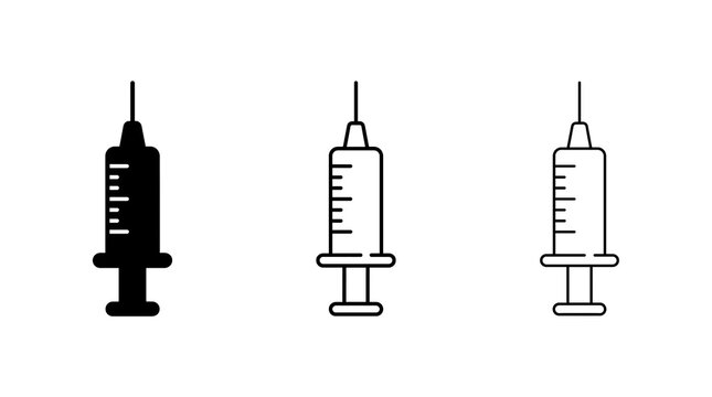 Syringe icon set. Medical injection tool isolated on transparent background.