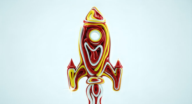 Fun and colorful rocket ship design with swirling lines and shiny highlights, abstract concept.