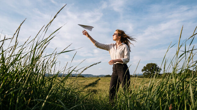Woman Flying Paper Airplane in Meadow