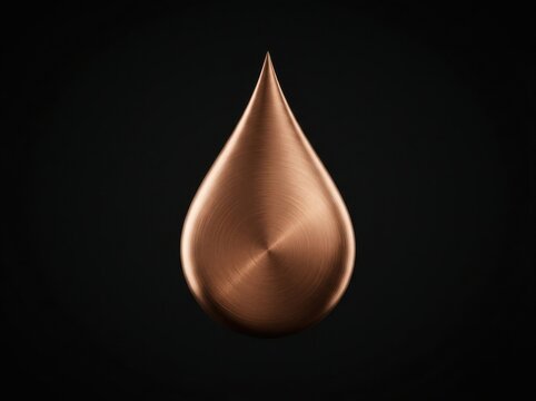 A single metallic copper drop shape with a brushed texture isolated against a solid black background