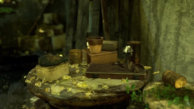 Muted green pottery fragments on aged weathered wood surfaces. Claydusted pottery implements resting on textured worn wood with chipped edges and muted tones