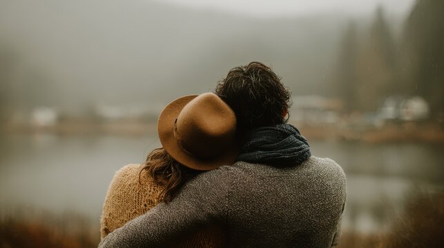 Couple embracing outdoors during foggy morning with warm knitwear and hat