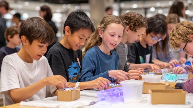 Children focused on assembling basic circuits at a shared makerspace table with blinking LEDs softly blurred in the background highlighting handson STEM learning.