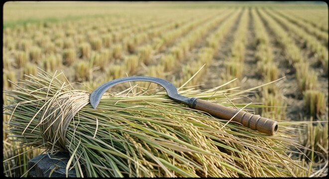 Traditional metal sickle resting on harvested rice bundle in field