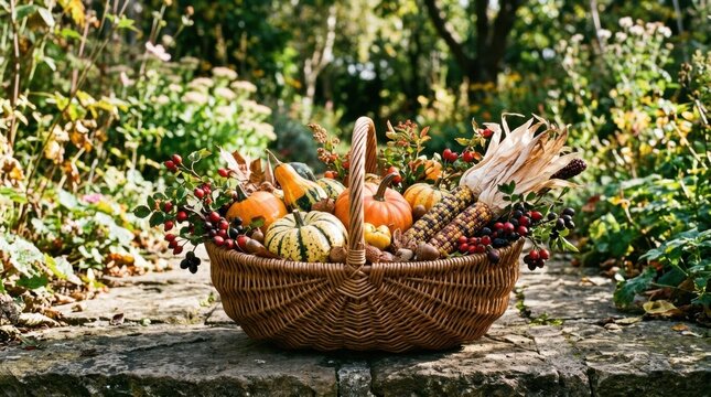 Wicker basket filled with autumn harvest vegetables on stone path