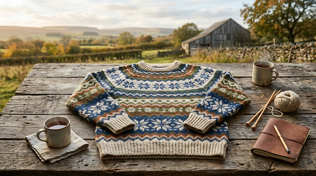 A cozy knitted Fair Isle sweater with intricate patterns lies folded on a rustic wooden surface, set against a serene countryside landscape with a distant barn.