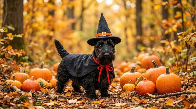 A cute scottish terrier dog wearing a witch hat and costume standing among pumpkins in an autumn forest for halloween