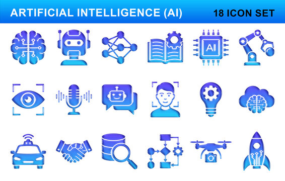 Artificial Intelligence icon set, 18 blue gradient AI technology symbols, machine learning and robotics digital vector elements