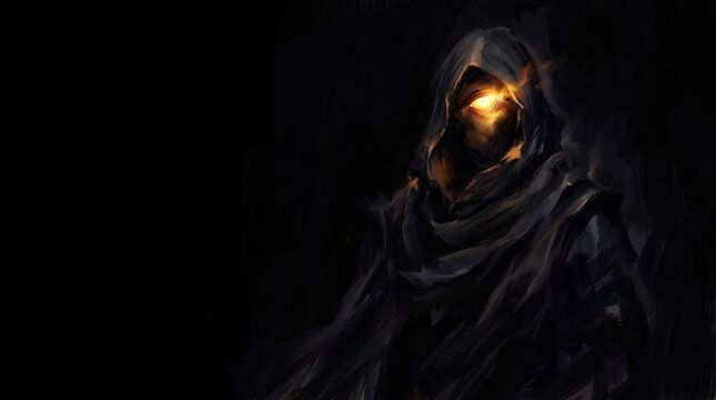 A mysterious hooded figure with a glowing golden face emerges from the darkness for a spooky and cinematic halloween themed background
