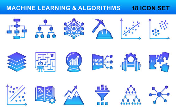 Machine learning and algorithms icon set, 18 blue gradient data science symbols, artificial intelligence and neural network icons for technology presentations