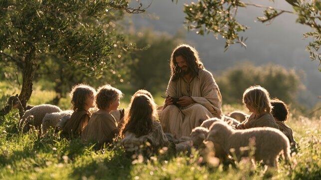 Jesus christ sitting in a sunlit meadow with children and sheep