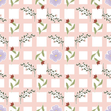 Seamless floral pattern featuring delicate branches, red and lavender blossoms, green leaves, and white geometric squares on a soft pink background.